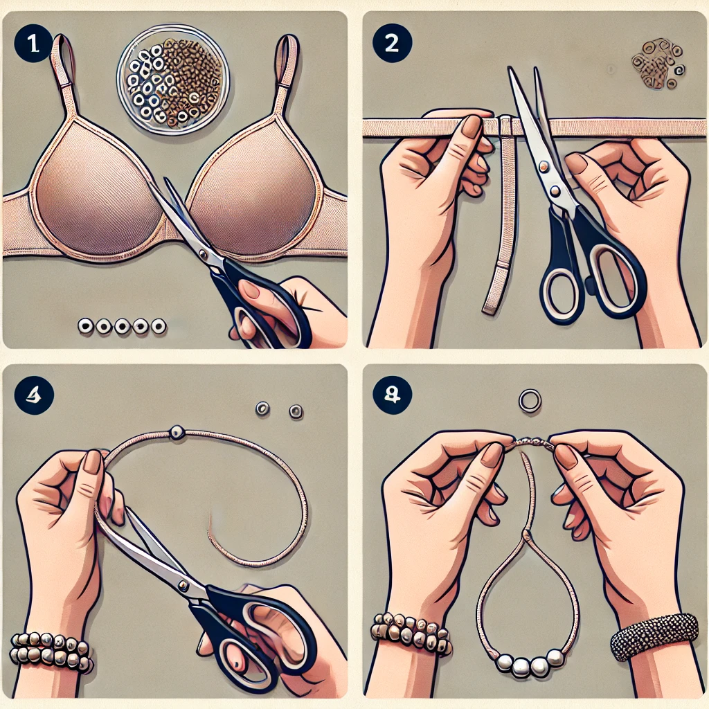 A step-by-step visual guide showing the process of creating a bracelet from a bra strap. The image is divided into four sections